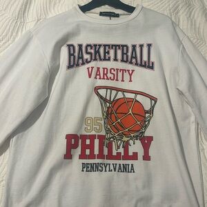 White crewneck varsity sweater with logo